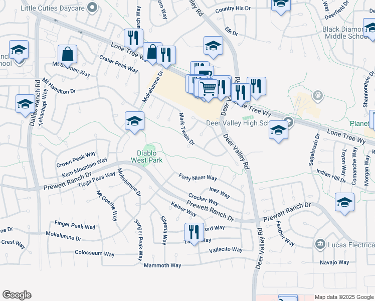 map of restaurants, bars, coffee shops, grocery stores, and more near 5112 Foley Court in Antioch