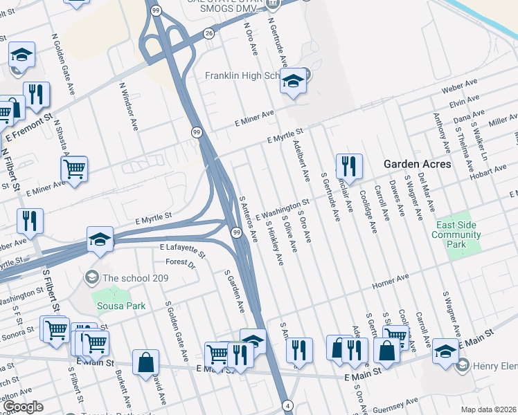 map of restaurants, bars, coffee shops, grocery stores, and more near 3815 Washington Street in Stockton