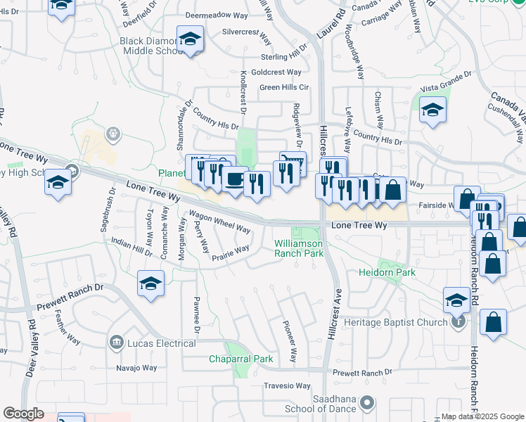 map of restaurants, bars, coffee shops, grocery stores, and more near 22 Williamson Ranch Plaza in Antioch