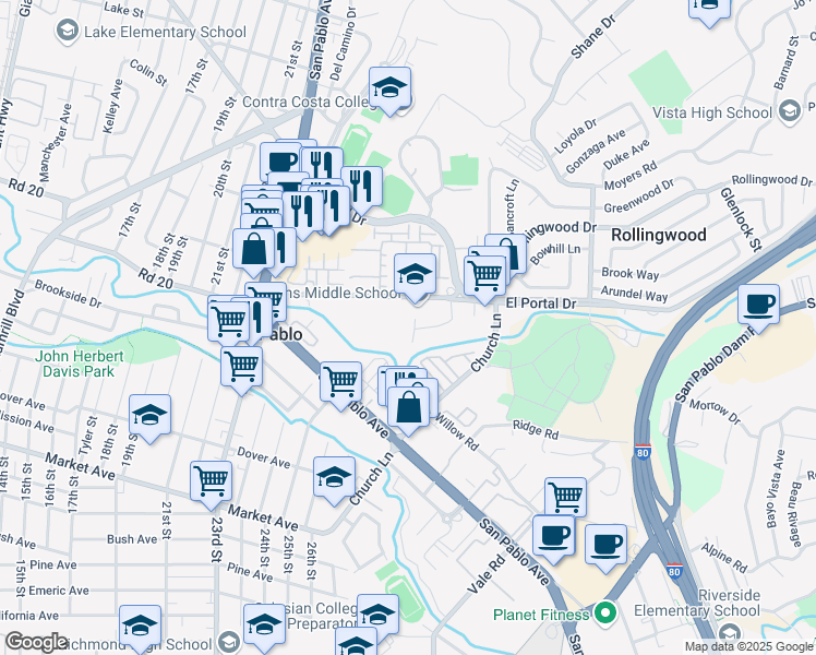 map of restaurants, bars, coffee shops, grocery stores, and more near 2500 Road 20 in San Pablo