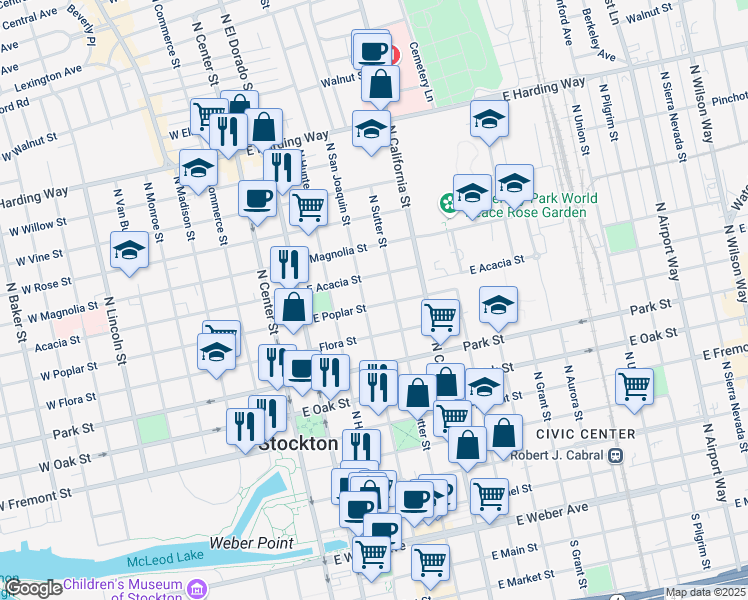 map of restaurants, bars, coffee shops, grocery stores, and more near 315 East Poplar Street in Stockton