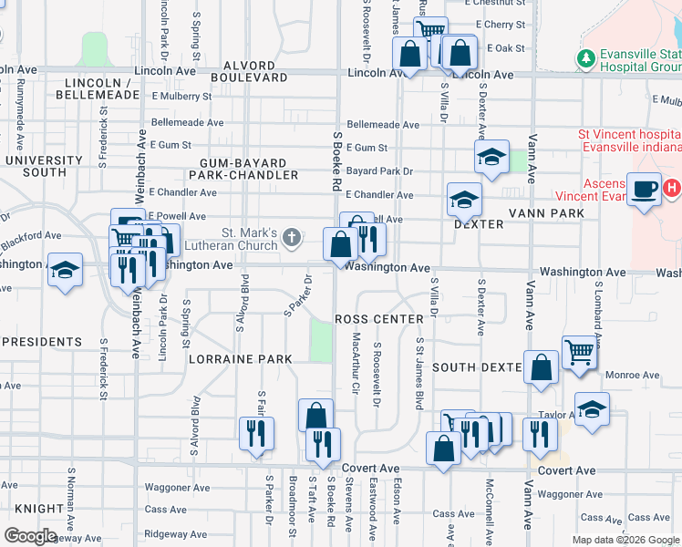 map of restaurants, bars, coffee shops, grocery stores, and more near 1024 South Boeke Road in Evansville