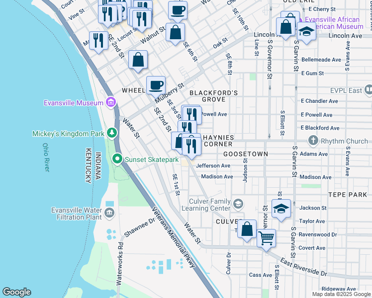 map of restaurants, bars, coffee shops, grocery stores, and more near 1012 Southeast 2nd Street in Evansville