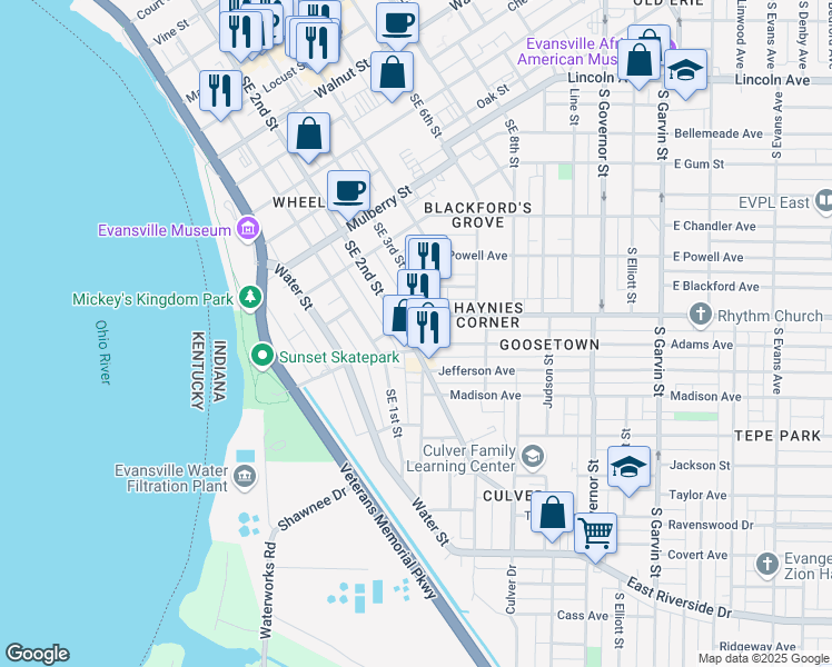 map of restaurants, bars, coffee shops, grocery stores, and more near 1012 Southeast 2nd Street in Evansville