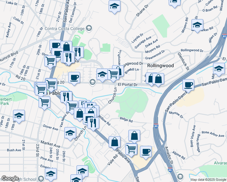 map of restaurants, bars, coffee shops, grocery stores, and more near 2645 Church Lane in San Pablo