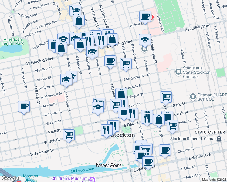 map of restaurants, bars, coffee shops, grocery stores, and more near 2 Acacia Street in Stockton