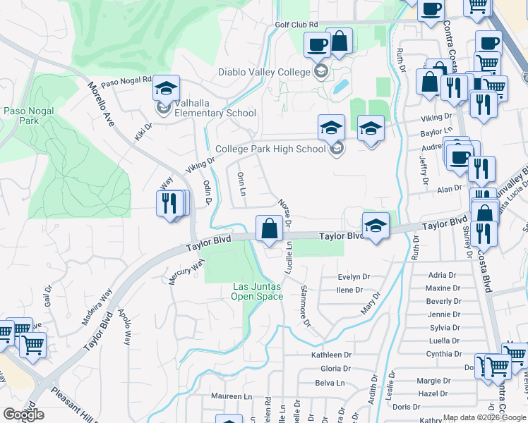 map of restaurants, bars, coffee shops, grocery stores, and more near 449 Bifrost Avenue in Pleasant Hill