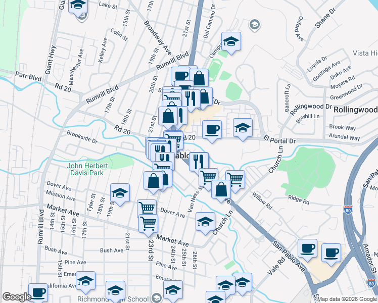 map of restaurants, bars, coffee shops, grocery stores, and more near 49 Campo Verde Circle in San Pablo