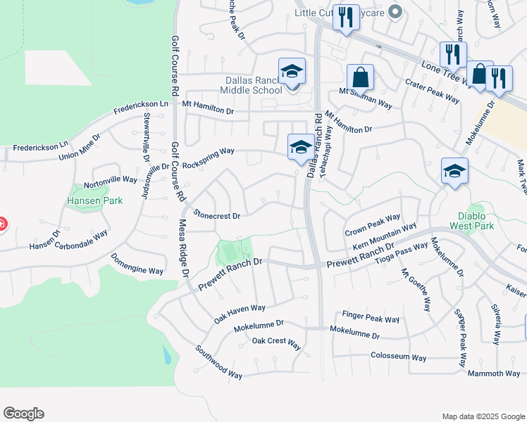 map of restaurants, bars, coffee shops, grocery stores, and more near 1121 Stonecrest Drive in Antioch