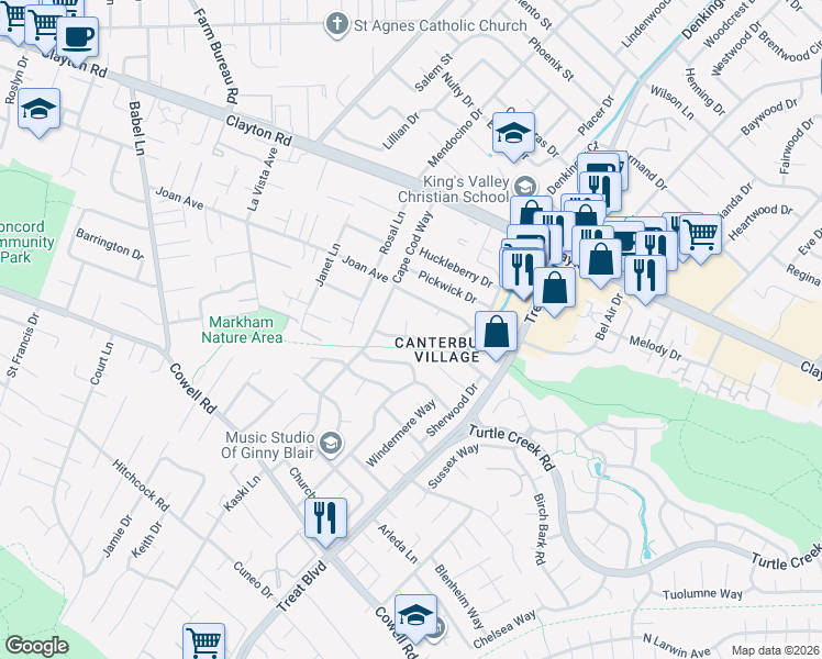 map of restaurants, bars, coffee shops, grocery stores, and more near 1364 Cobblestone Court in Concord