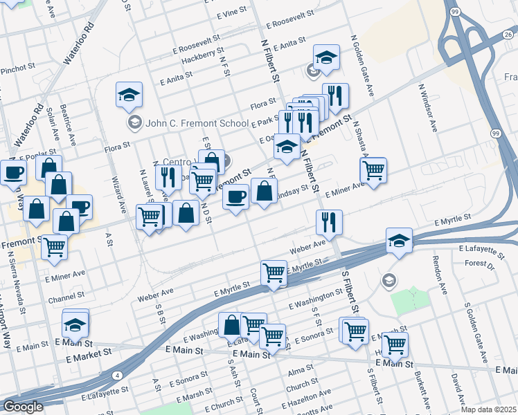 map of restaurants, bars, coffee shops, grocery stores, and more near 2333 East Miner Avenue in Stockton