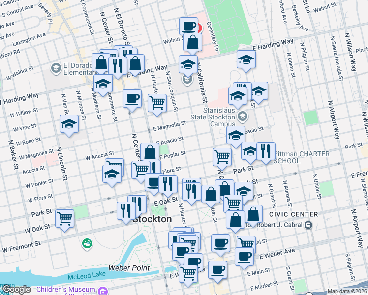 map of restaurants, bars, coffee shops, grocery stores, and more near 228 East Poplar Street in Stockton
