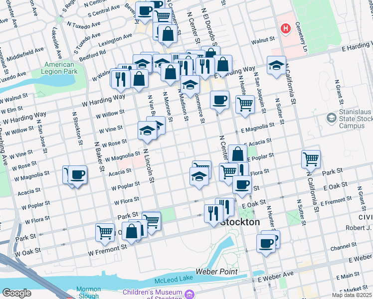 map of restaurants, bars, coffee shops, grocery stores, and more near 245 Acacia Street in Stockton