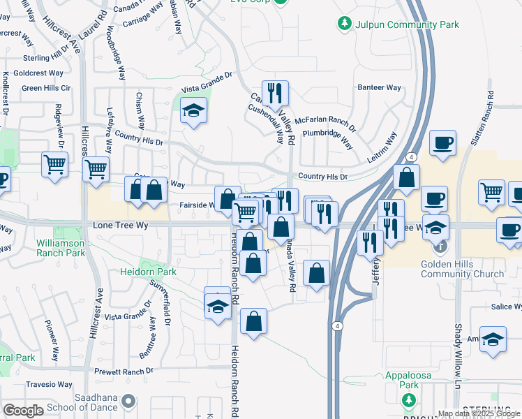 map of restaurants, bars, coffee shops, grocery stores, and more near 5411 Lone Tree Way in Brentwood