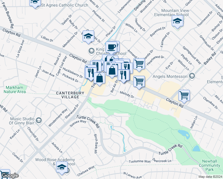 map of restaurants, bars, coffee shops, grocery stores, and more near 4390 Melody Drive in Concord