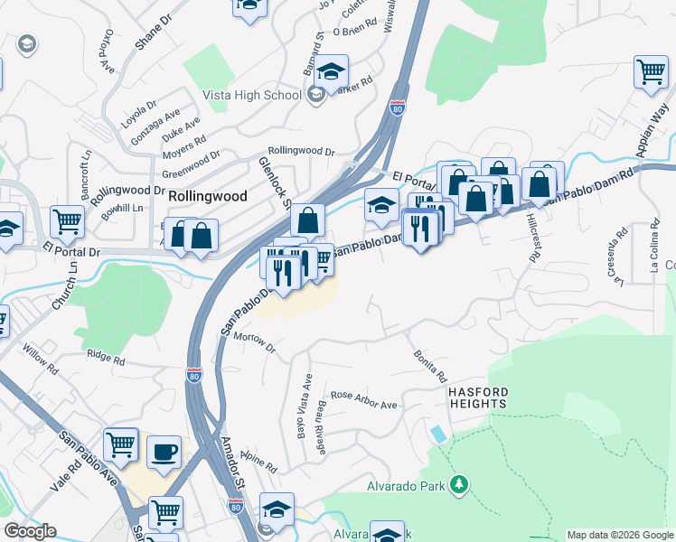 map of restaurants, bars, coffee shops, grocery stores, and more near 3430 San Pablo Dam Road in San Pablo