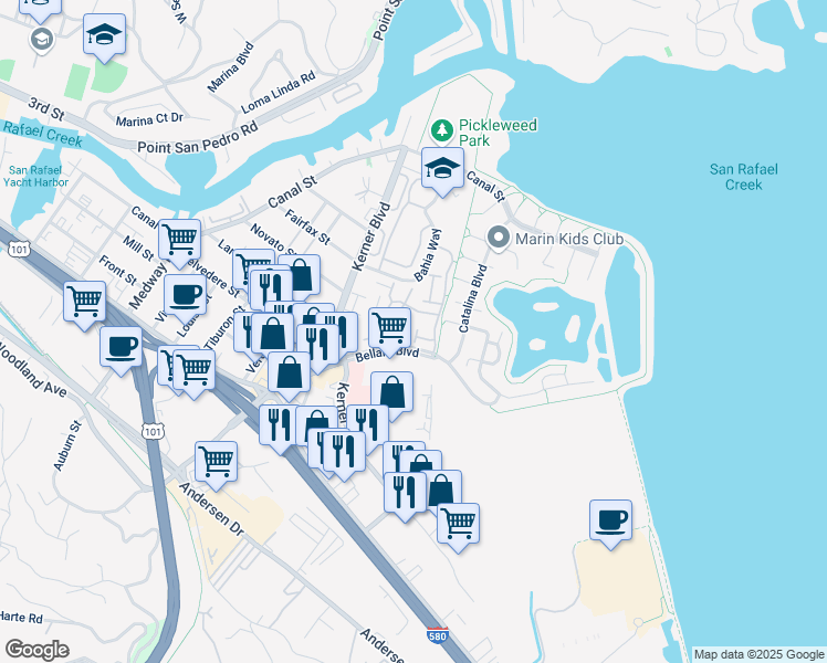 map of restaurants, bars, coffee shops, grocery stores, and more near 351 Bellam Boulevard in San Rafael