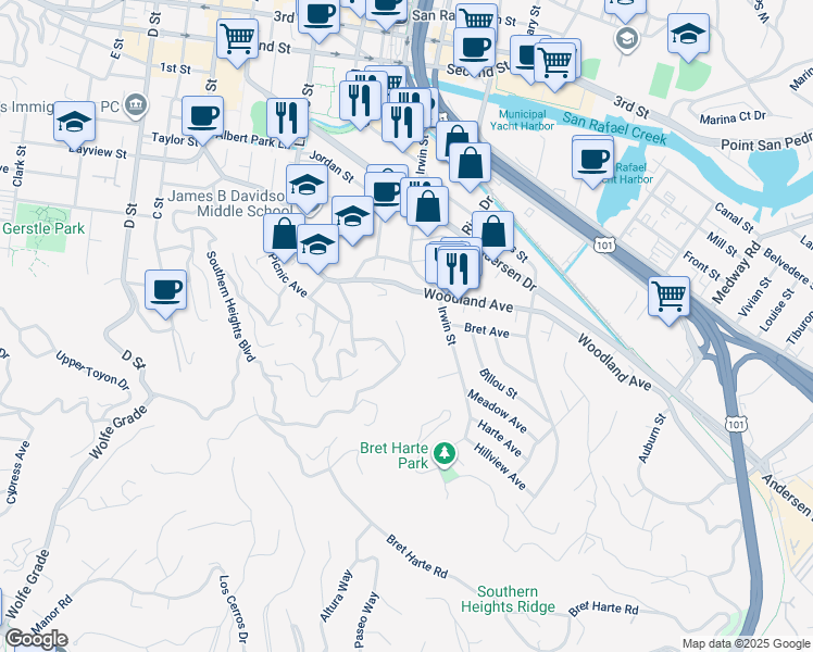 map of restaurants, bars, coffee shops, grocery stores, and more near 25 La Loma Court in San Rafael