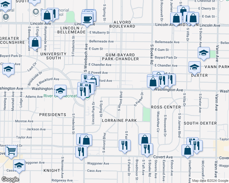 map of restaurants, bars, coffee shops, grocery stores, and more near 1015 S Alvord Blvd in Evansville
