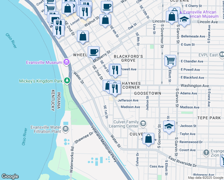 map of restaurants, bars, coffee shops, grocery stores, and more near 30 Adams Avenue in Evansville