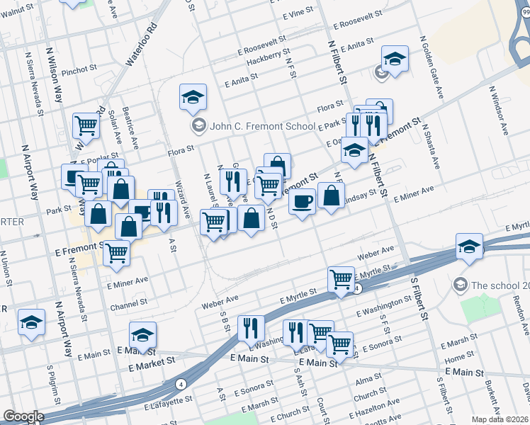 map of restaurants, bars, coffee shops, grocery stores, and more near 2149 Finland Avenue in Stockton