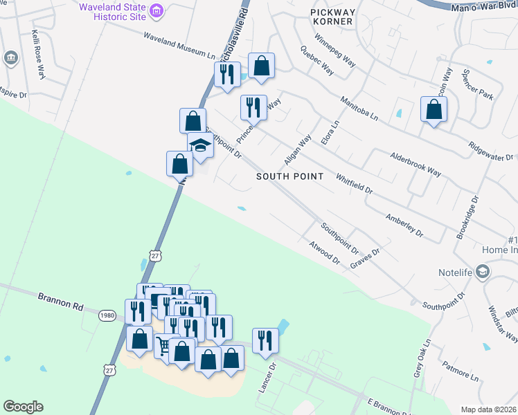map of restaurants, bars, coffee shops, grocery stores, and more near 300 Atwood Drive in Lexington