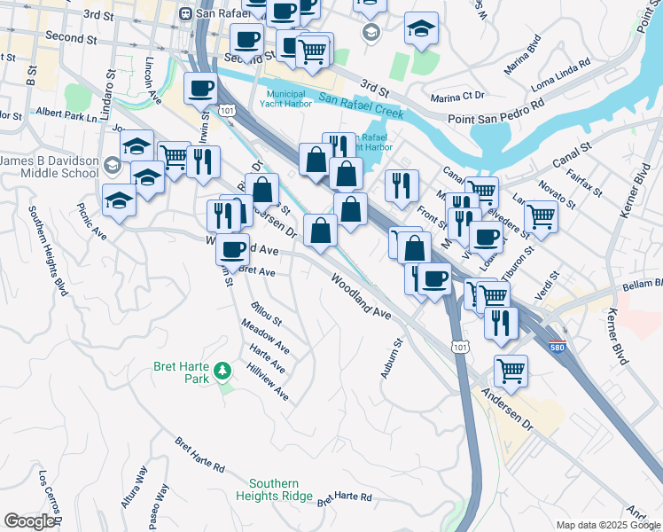 map of restaurants, bars, coffee shops, grocery stores, and more near 328 Culver Street in San Rafael