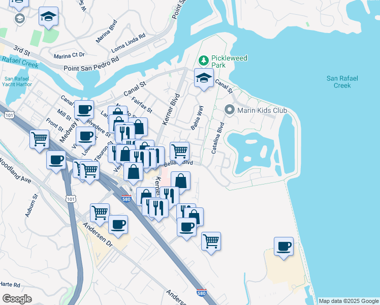 map of restaurants, bars, coffee shops, grocery stores, and more near 351 Bellam Boulevard in San Rafael