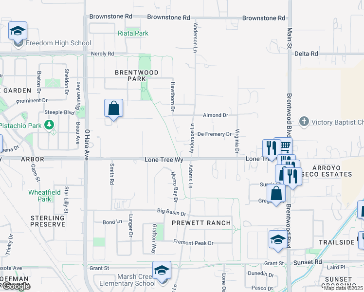 map of restaurants, bars, coffee shops, grocery stores, and more near 2571 Anderson Lane in Brentwood