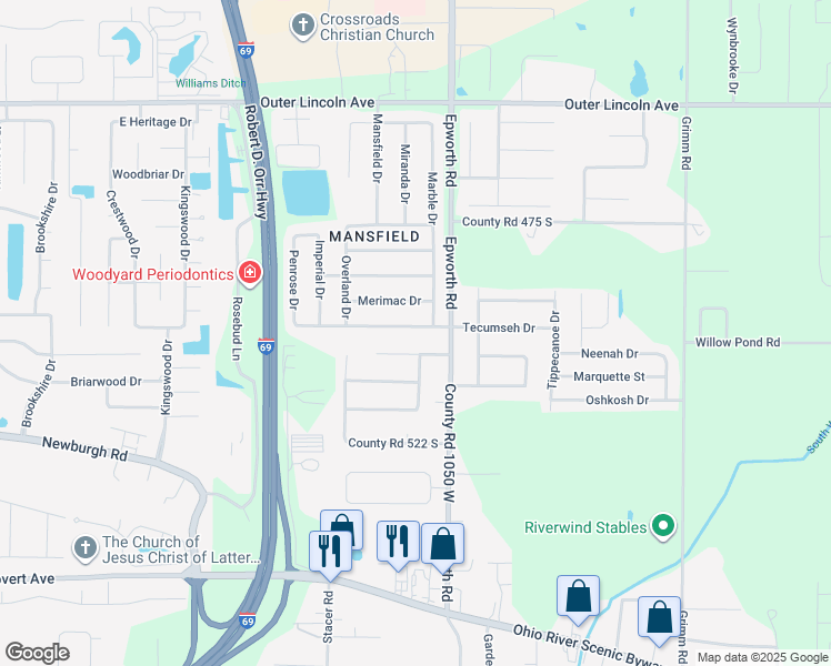 map of restaurants, bars, coffee shops, grocery stores, and more near 10566 Bunker Hill Court in Newburgh