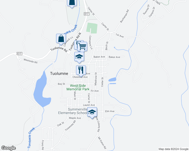 map of restaurants, bars, coffee shops, grocery stores, and more near 18491 Rozier Avenue in Tuolumne