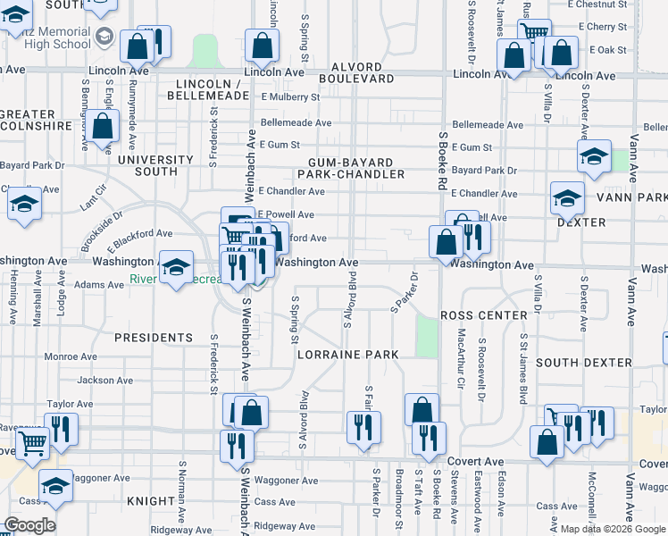 map of restaurants, bars, coffee shops, grocery stores, and more near 1015 S Alvord Blvd in Evansville