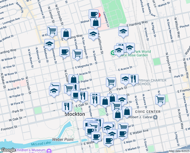 map of restaurants, bars, coffee shops, grocery stores, and more near 348 East Poplar Street in Stockton