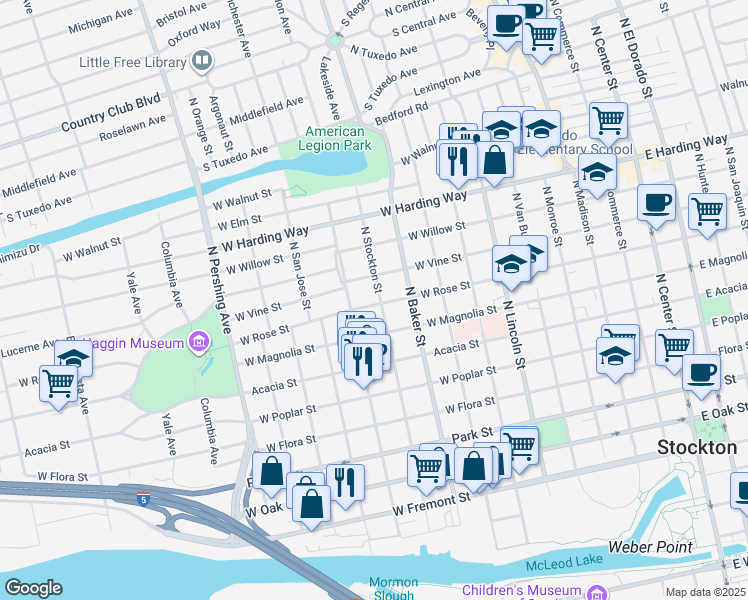 map of restaurants, bars, coffee shops, grocery stores, and more near 1201 North Stockton Street in Stockton