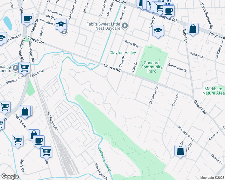 map of restaurants, bars, coffee shops, grocery stores, and more near 1071 Ridge Park Drive in Concord