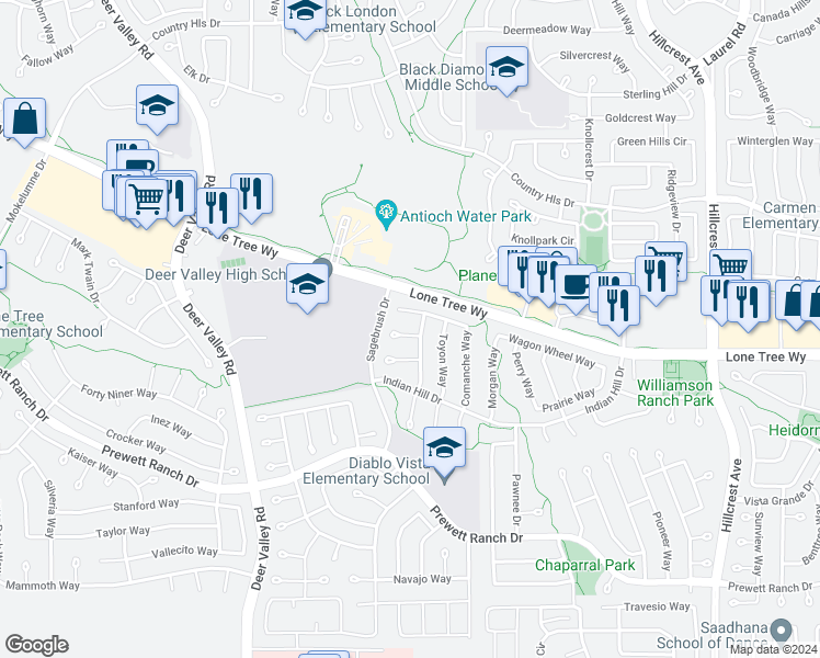 map of restaurants, bars, coffee shops, grocery stores, and more near 5024 Chaparral Court in Antioch