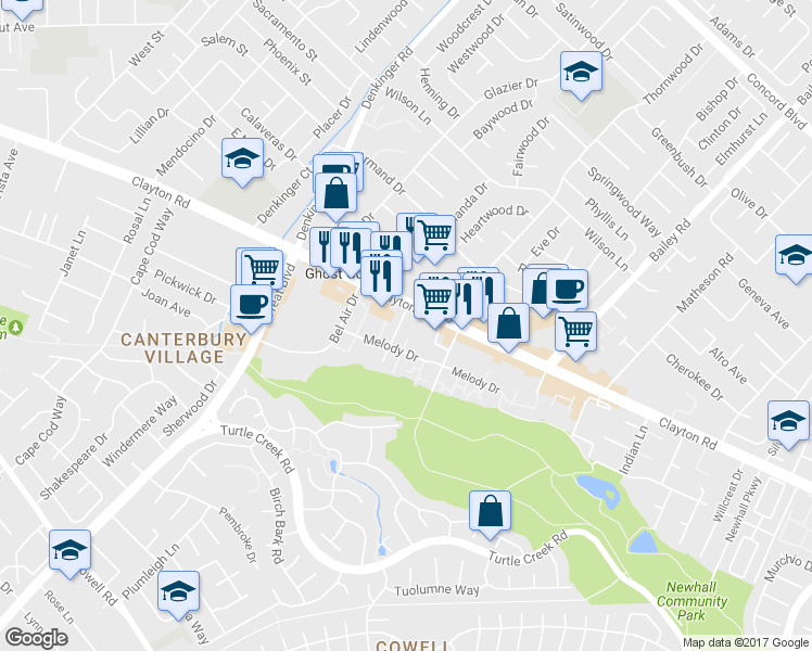 map of restaurants, bars, coffee shops, grocery stores, and more near 1463 Marclair Drive in Concord