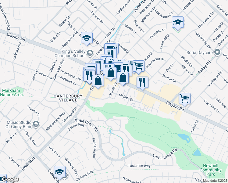 map of restaurants, bars, coffee shops, grocery stores, and more near 4390 Melody Drive in Concord