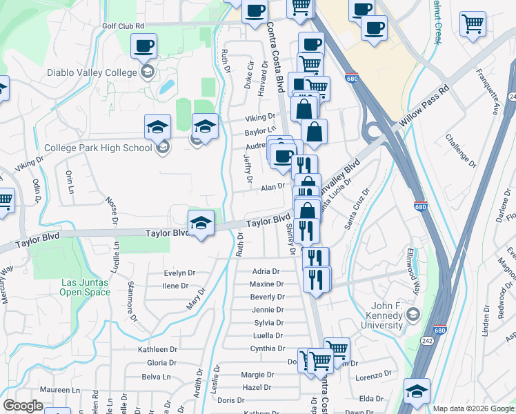 map of restaurants, bars, coffee shops, grocery stores, and more near 143 Diablo Court in Pleasant Hill