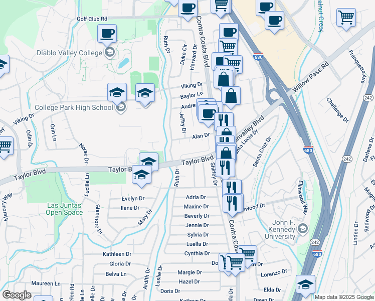 map of restaurants, bars, coffee shops, grocery stores, and more near 143 Diablo Court in Pleasant Hill