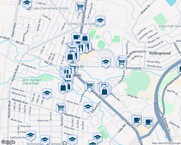 map of restaurants, bars, coffee shops, grocery stores, and more near 12 Campo Verde Circle in San Pablo