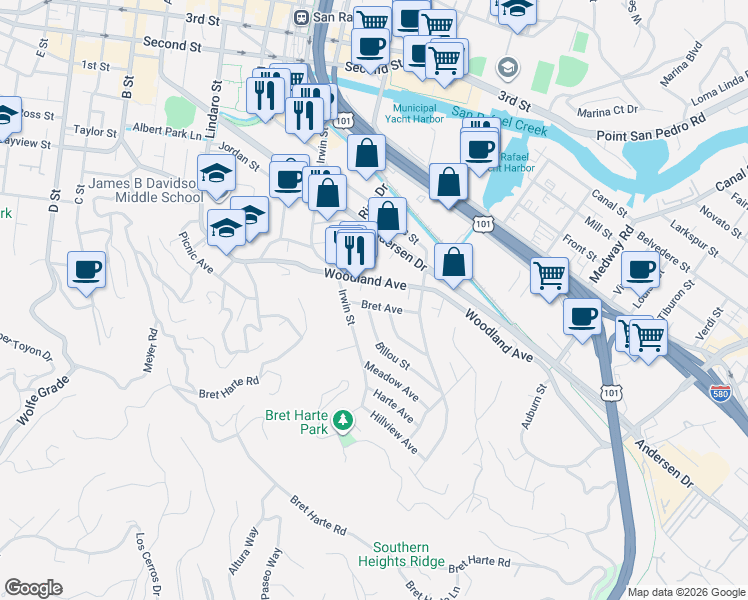 map of restaurants, bars, coffee shops, grocery stores, and more near 95 Billou Street in San Rafael