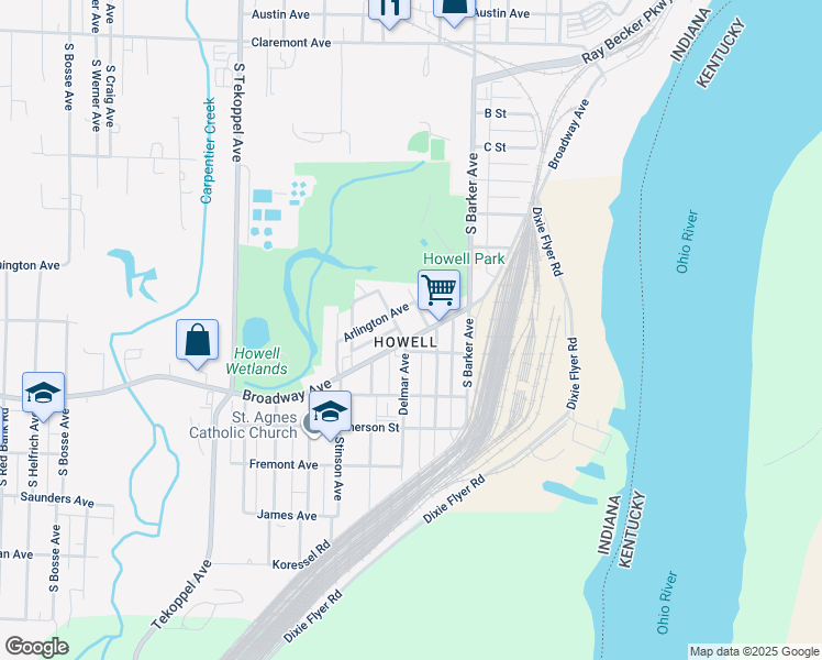 map of restaurants, bars, coffee shops, grocery stores, and more near 1404 Delmar Avenue in Evansville