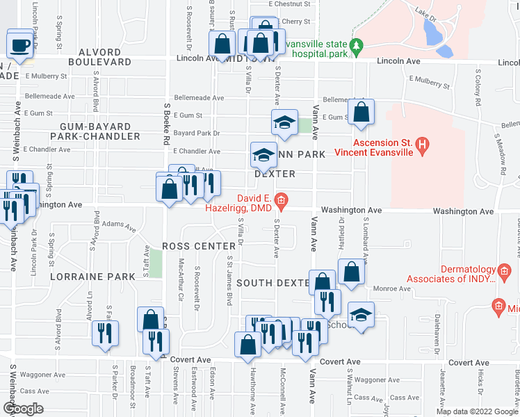 map of restaurants, bars, coffee shops, grocery stores, and more near 2841 Washington Avenue in Evansville