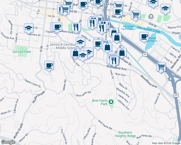 map of restaurants, bars, coffee shops, grocery stores, and more near Bungalow Ave & Picnic Ave in San Rafael