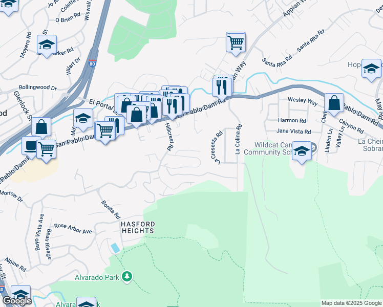 map of restaurants, bars, coffee shops, grocery stores, and more near 833 Bridgeway Circle in El Sobrante