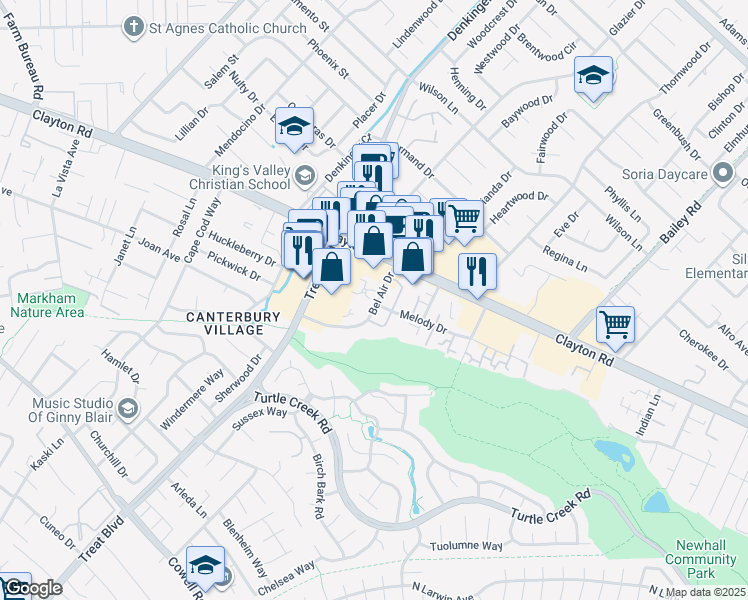 map of restaurants, bars, coffee shops, grocery stores, and more near 4390 Melody Drive in Concord