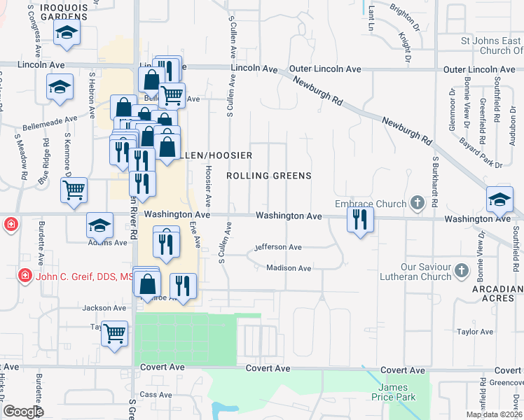 map of restaurants, bars, coffee shops, grocery stores, and more near 5509 Washington Avenue in Evansville