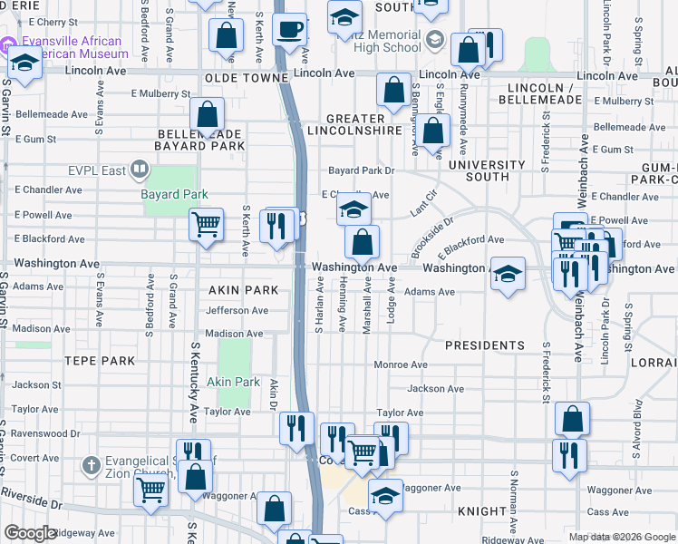map of restaurants, bars, coffee shops, grocery stores, and more near 1014 South Harlan Avenue in Evansville