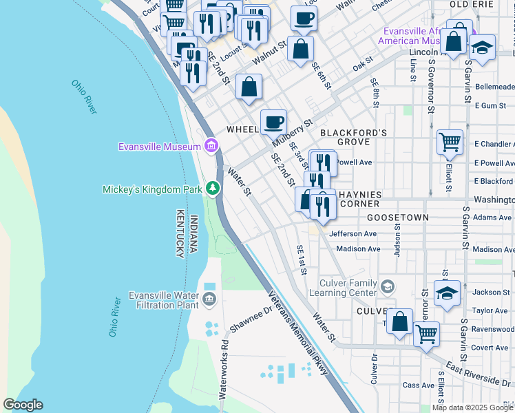 map of restaurants, bars, coffee shops, grocery stores, and more near 800 Southeast Riverside Drive in Evansville